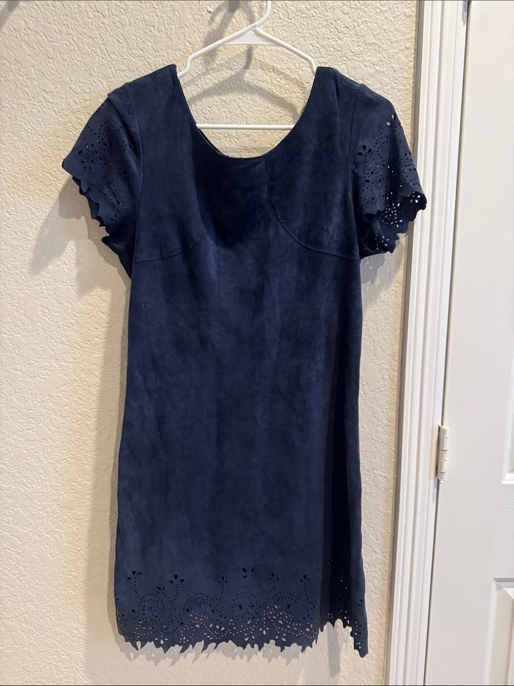 Navy Eyelet Hem Mini Dress with Scallop Sleeves